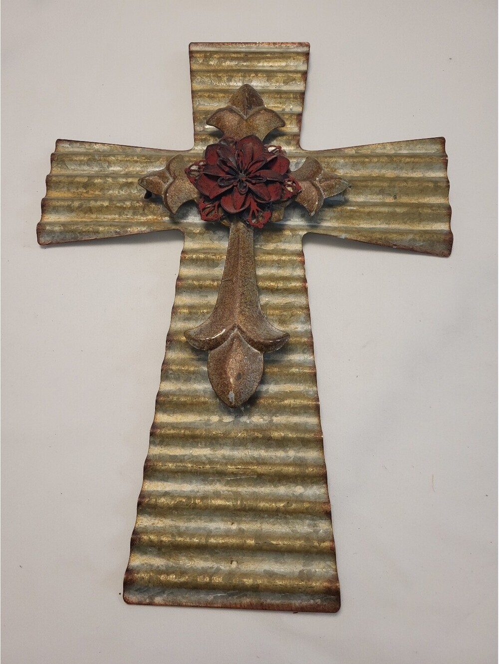 Rustic Corrugated Metal 18x12.5" Cross with Decorative Red Flower